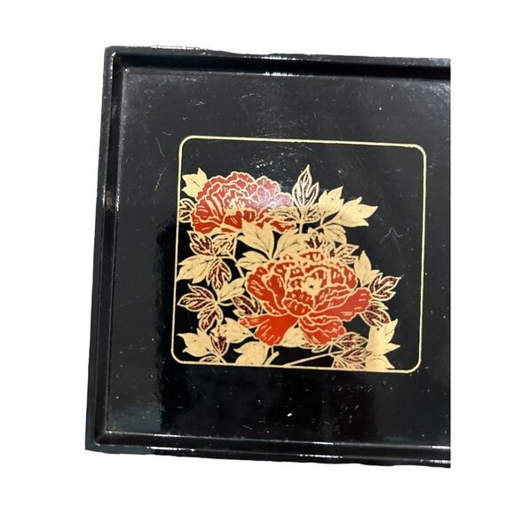 Vintage Japanese 1970’s Lacquerware Coaster Set Black Gold Wicker Coaster & Box - Picture 3 of 8